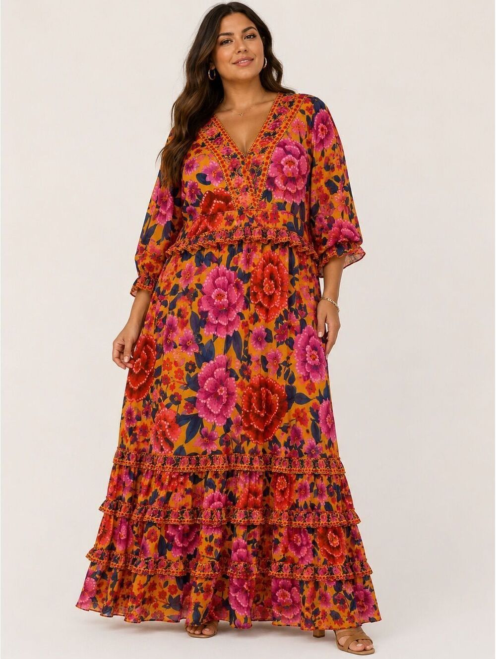 FARM Rio Floral Dream Tiered Ruffle Maxi Dress in Floral Dream Yellow
